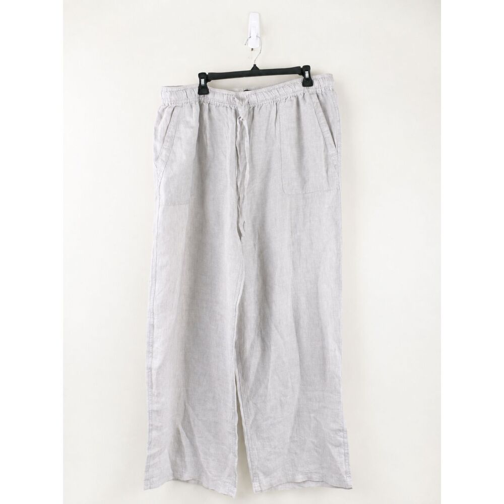 Jones New York 2X 100% Linen Wide Leg Pants Gray Pull On Drawstring Coastal